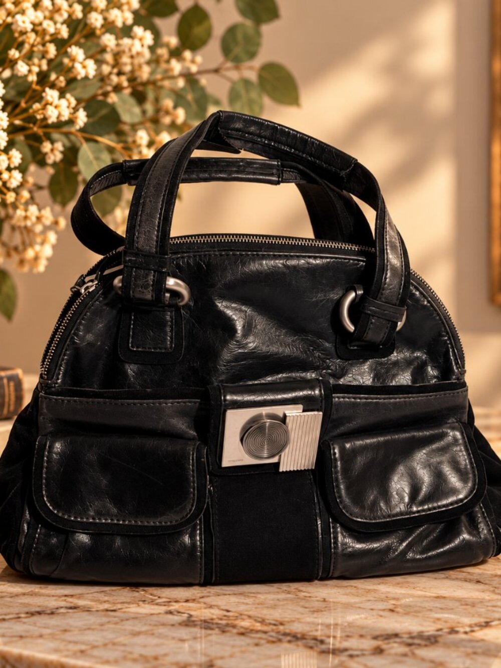 Calvin Klein Black Satchel Handbag – Silver Statement Clasp Y2K Style